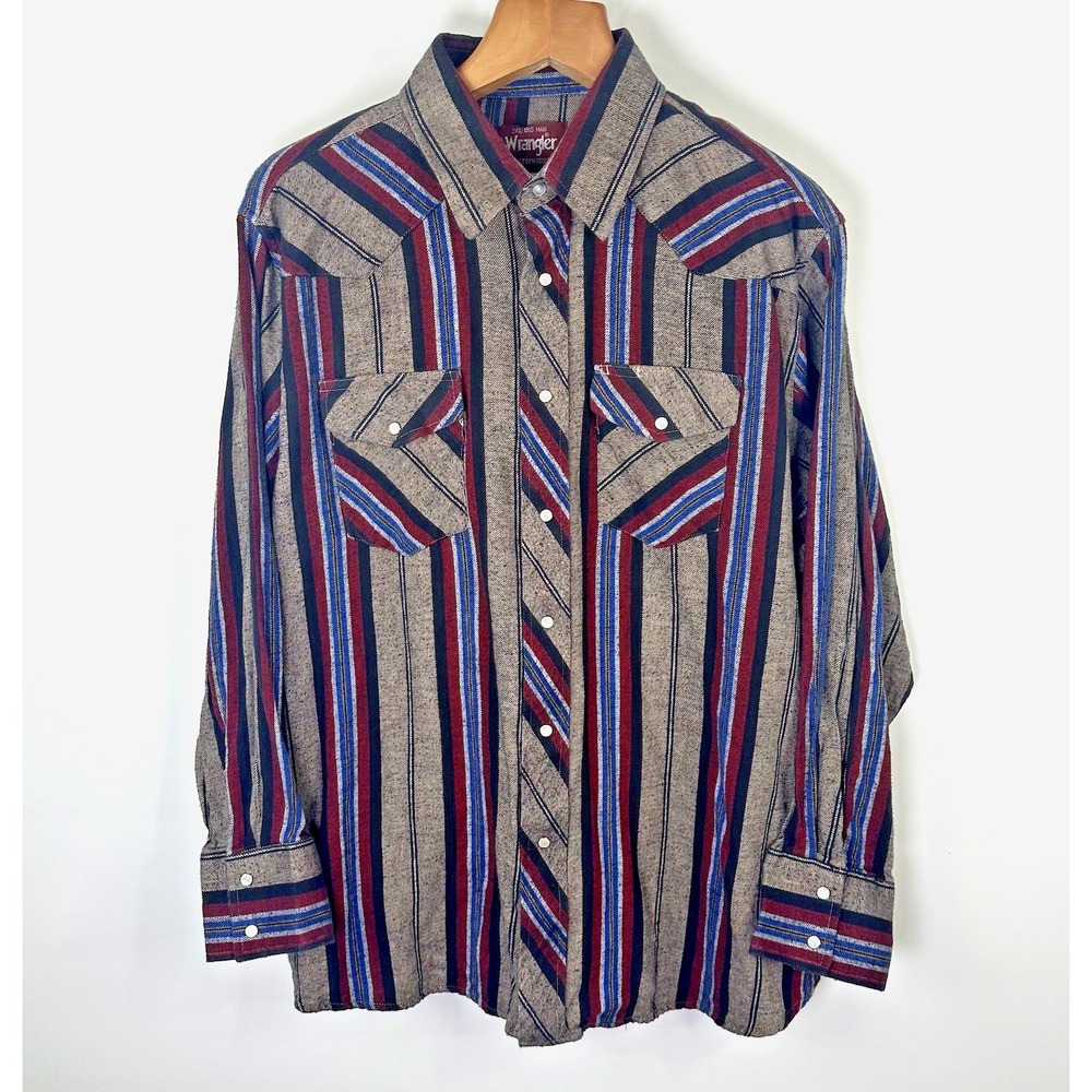Wrangler Western‎ Shirt Mens 2XL Big Man Brown Red Blue Striped Pearl Snap